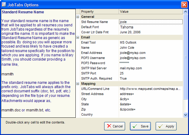 Options dialog for the JobTabs job search software